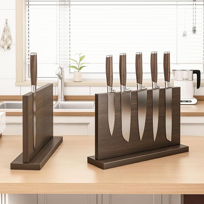 THMINS Magnetic Knife Block, 16 x 9 Inch Double-Sided Wooden Knife Holder for Kitchen Counter, Extra Large Magnetic Knife Holder and Storage Organizer