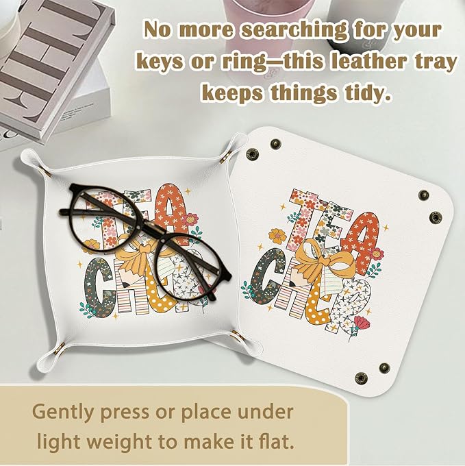 Teacher Gifts,Teacher Appreciation Gifts for Women, Gifts for Teacher PU Leather Catchall Beside Caddy Nightstand Organizer Tray for Jewelry Rings Watches and Accessories, 7.87x7.87in