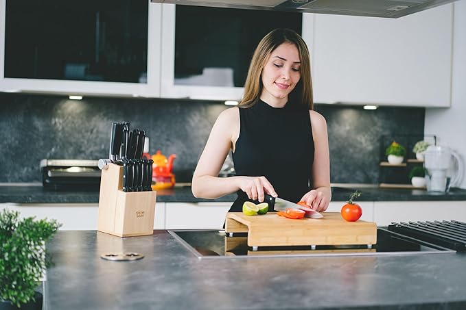 Bamboo Universal Knife Block - Knife Holder with 2 Built-In Knife Sharpeners - 2-Tiered Modern Knife Storage Up to 16 Large and Small Knives Easy Clean Wooden Knife Organizer by Kitchen Seven