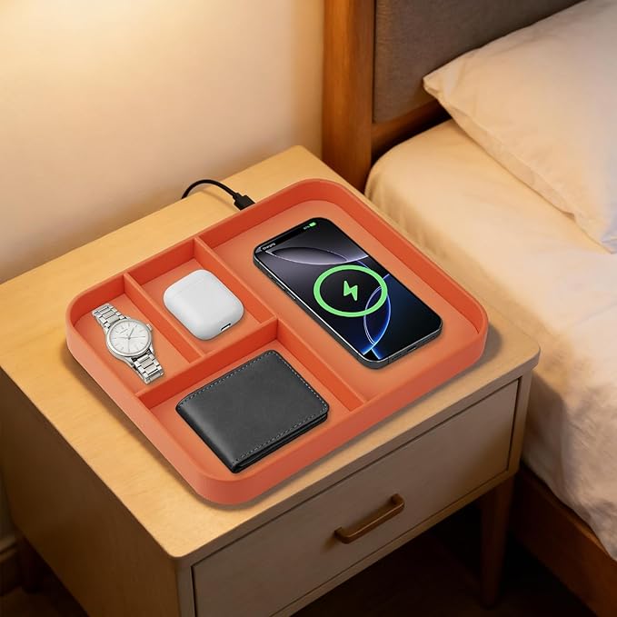 VOVIPO Faux Leather Valet Tray,with 2 in 1 Wireless Charging Compitable With iPhone/17/16/15/15 Plus/15 Pro/15 Pro Max/14/13/12/Wireless earphones,Office/Home Desk Organizers Tray-Orange