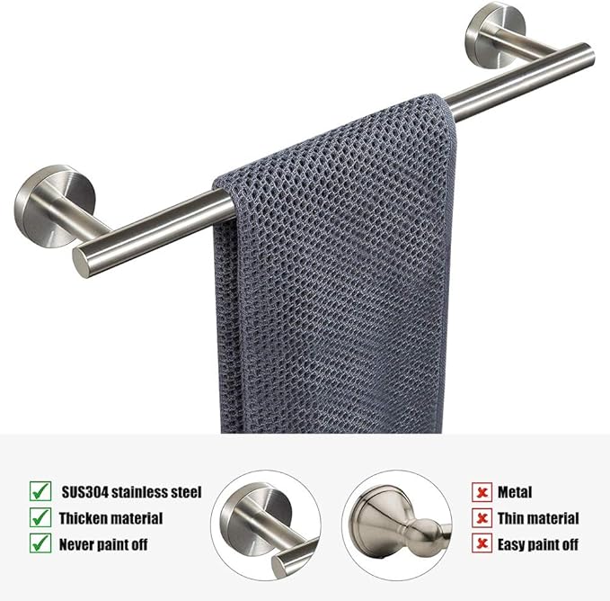 TocTen Bath Towel Bar - Thicken SUS304 Stainless Steel Bathroom Towel Holder, Towel Rod for Bathroom Heavy Duty Wall Mounted Towel Rack Hanger (16IN, Brushed Nickel)