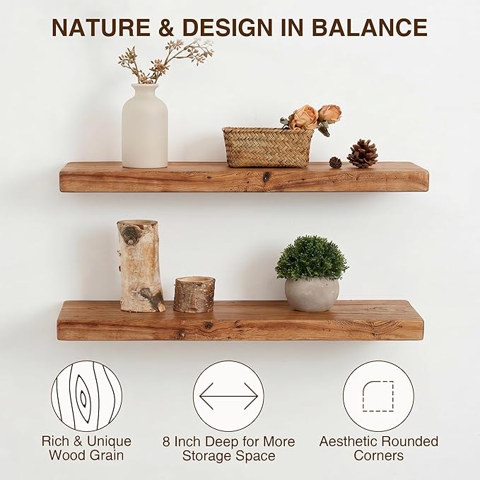 24 Inch Floating Shelves, Solid Wood Wall Shelves, 8 Inch Deep Floating Shelf – for Bathroom, Bedroom, Living Room, Kitchen, Home Decor & Storage, Heavy-Duty Wooden Shelf Wall-Mounted, Set of 2