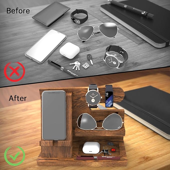 Gifts for Men Wood Phone Docking Station Birthday Gift for Men Valentines Day Gifts Father Gift for Him Boyfriend Nightstand Organizer Desktop Phone Stand