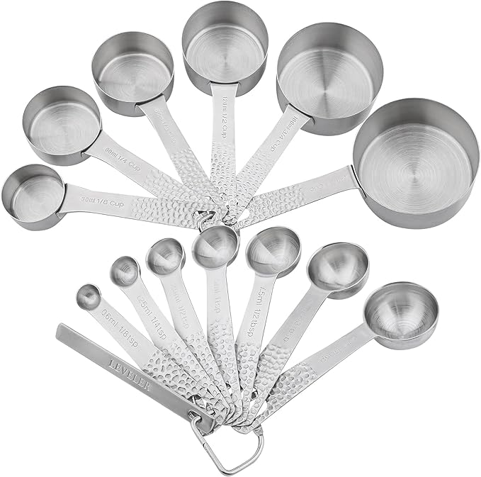 Measuring Cups and Spoons Set 14, Metric & US 18/8 Stainless Steel Measuring Cups and Spoons Set, Dry & Liquid Metal 6 Measure Cups & 7 Measure Spoons w/Leveler for Kitchen & Baking