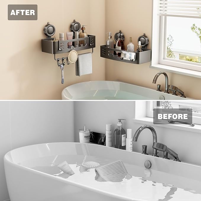 Voldra Shower Caddy Suction Cup, Shower Shelves for Inside Shower No Drilling, Aluminum Suction Showers Organizer for Wall with Towel Bar & Hooks Removable Bathroom Storage Rack(2 Pack-Gray)
