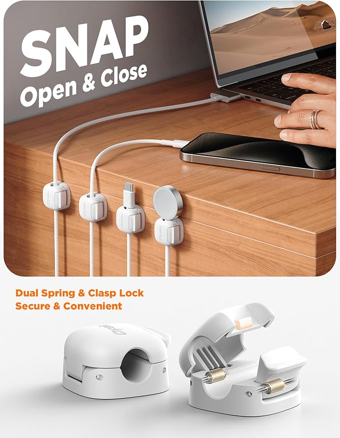 6Pack Cord Organizer, Chfeila Spring Cable Clips [1s Lock] Cable Management, Cute Cord Holder for Nightstand Home Office Desk Accessories Workspace, College Dorm Essentials Aesthetic Teen Room Decor
