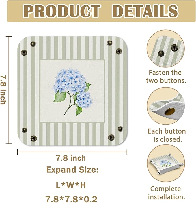 Blue Hydrangea Floral Jewelry Valet Tray for Women, Hydrangea Gifts PU Leather Catchall Beside Caddy Nightstand Organizer Tray for Jewelry Rings Watches Keys and Accessories, 7.87x7.87in