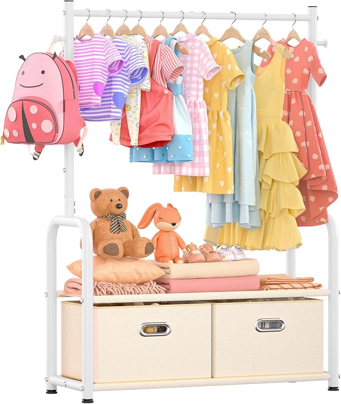 Kids Clothes Rack with 2 Tier Storage Racks and 2 Adjustable Hanging Poles, Small Baby Closet Organizer for Hanging Clothes, Kids Dress-Up Rack (Upgrad, White)