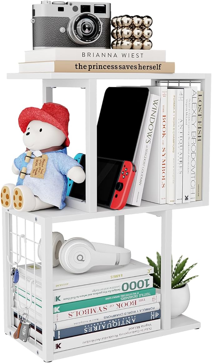 Small Desktop Bookshelf Organizer, White 3-Tier Desk Shelf with Metal Hook Workspace Organizers for Desk Organization and Office Storage Table Bookcase