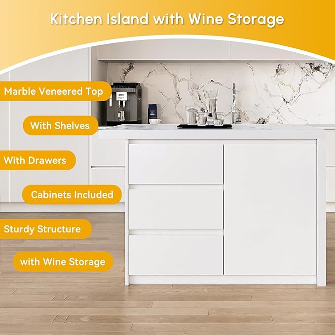 homary Kitchen Island with Storage & Wine Rack, 50" Modern White Kitchen Cabinet with Wood Top, Large Fixed Island with 3 Drawers & 6 Adjustable Shelves