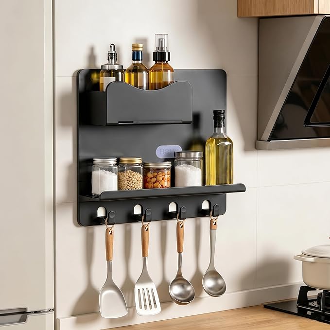 Bedside Shelf Wall Mount, Adhesive Bedside Shelf Accessories Organizer with Hooks and Cable Clips,Dorm Bedside Wall Storage for Phone, Remote, Earphone,Plastic (Black)