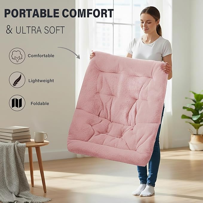 Tiita Folded Chair with Straight Ottoman, Soft Faux Fur Oversized Folding Accent Chair,Lazy Chair, Metal Frame Moon Chair for Bedroom, Living Room, Dorm Rooms, Garden and Courtyard, Pink