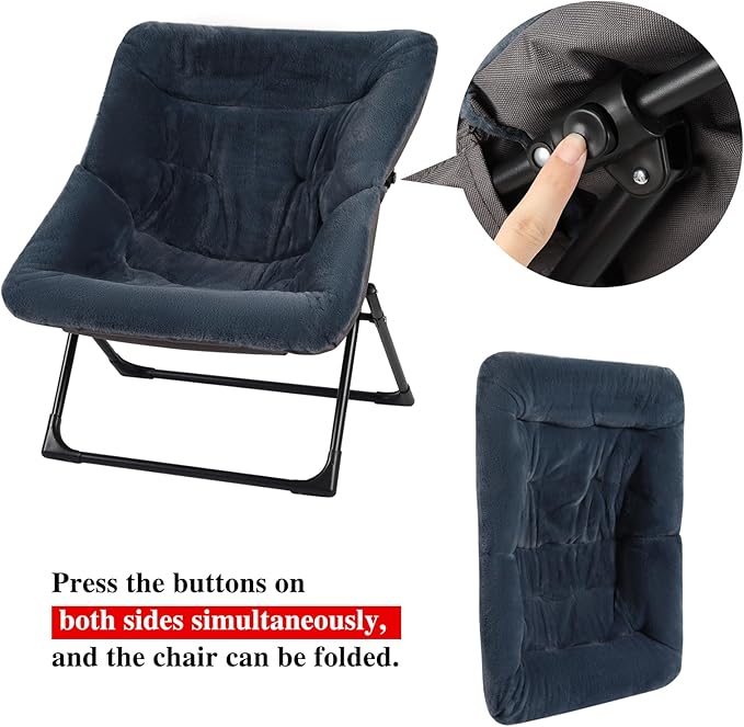 Comfy Saucer Chair for Adults, Soft Faux Fur Bedroom Chair, Accent Dorm Chairs, Flexible Living Room Reading Chairs, Oversized Folding Seat for Teens, X-Large, Navy Blue
