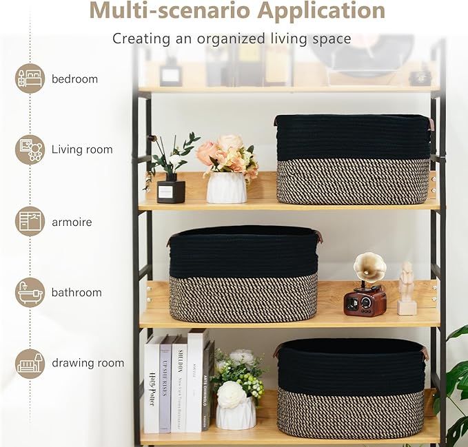 ECDYQXVU Cotton Rope Basket, Storage Baskets with Handle, 15x10x9 Inch Woven Basket for Shelves, Laundry, Towels, Clothes, Books, (Black Brown 3 Pack)