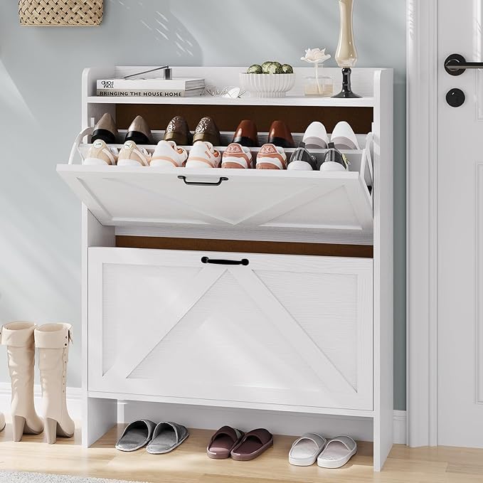 Shoe Cabinet Organizer with 2 Flip Drawers, Freestanding Narrow Shoe Rack for Entryway, Freestanding Hidden Shoe Storage Cabinet for Entryway, Hallway, Living Room, Bedroom, White