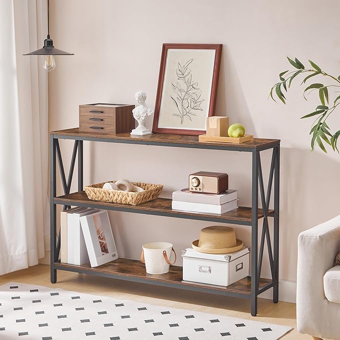 MAHANCRIS 47.2" Sofa Table, Industrial Console Table, 3-Tier Narrow Sofa Table with Storage Shelves, Foyer Table for Entryway, Hallway, Kitchen, Living Room and Bedroom, Rustic Brown CTHR800201
