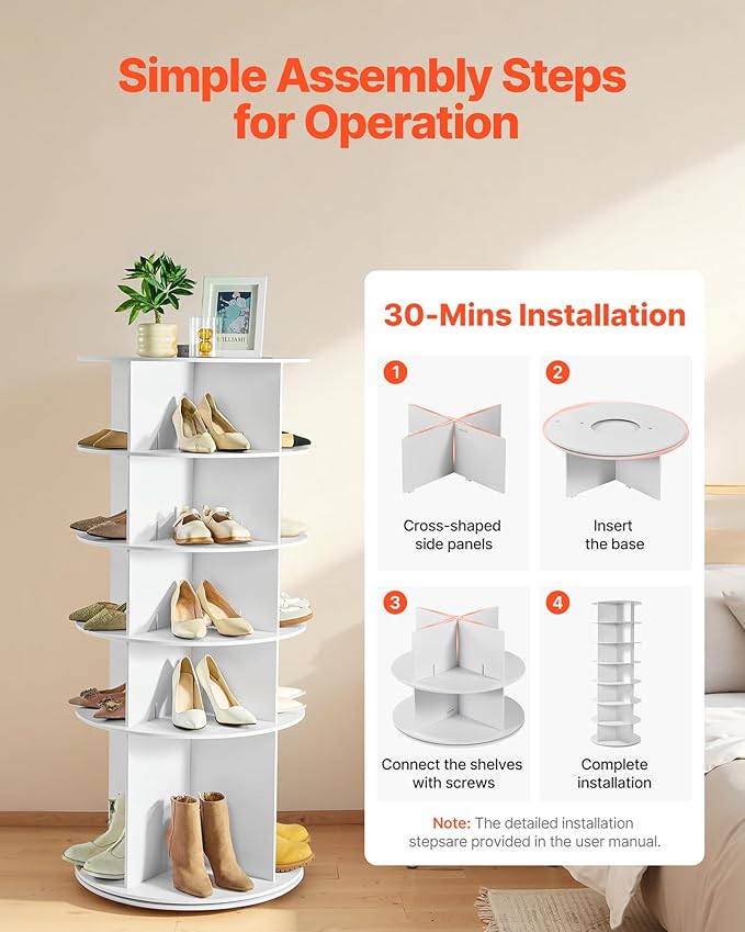 VEVOR 5 Tiers Rotating Shoe Rack Tower, 360° Spinning Shoe Rack, Revolving Storage Round Carousel Display, Freestanding Lazy Susan Organizer Display for Bedroom, Living Room, Entryway, Closet, White