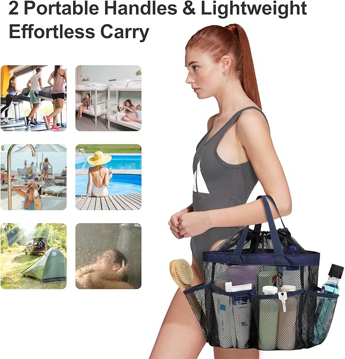 F-color Mesh Shower Caddy Portable with Drawstring - Large 8 Pockets Dorm Room Essentials for Guys Girls with S Hook, Shower Bag Basket Tote for College Camping Gym Travel Toiletry Bathroom, Dark Blue