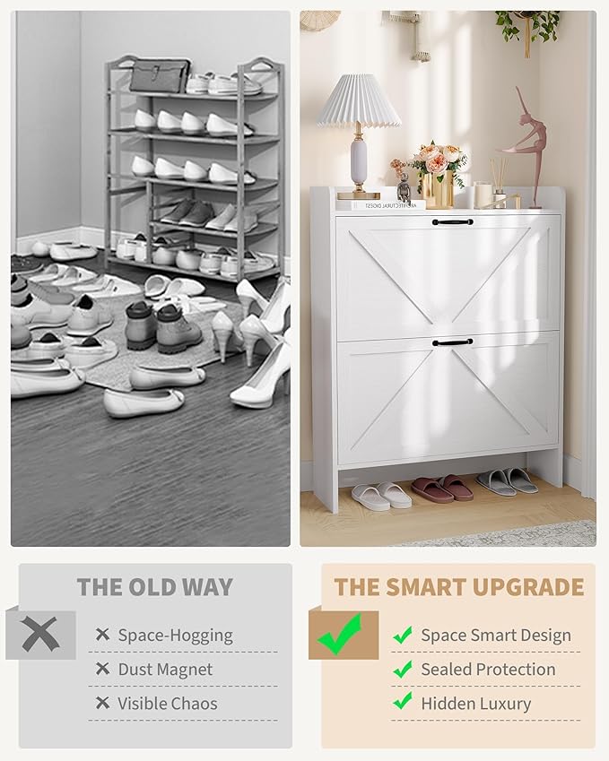 Shoe Cabinet Organizer with 2 Flip Drawers, Freestanding Narrow Shoe Rack for Entryway, Freestanding Hidden Shoe Storage Cabinet for Entryway, Hallway, Living Room, Bedroom, White
