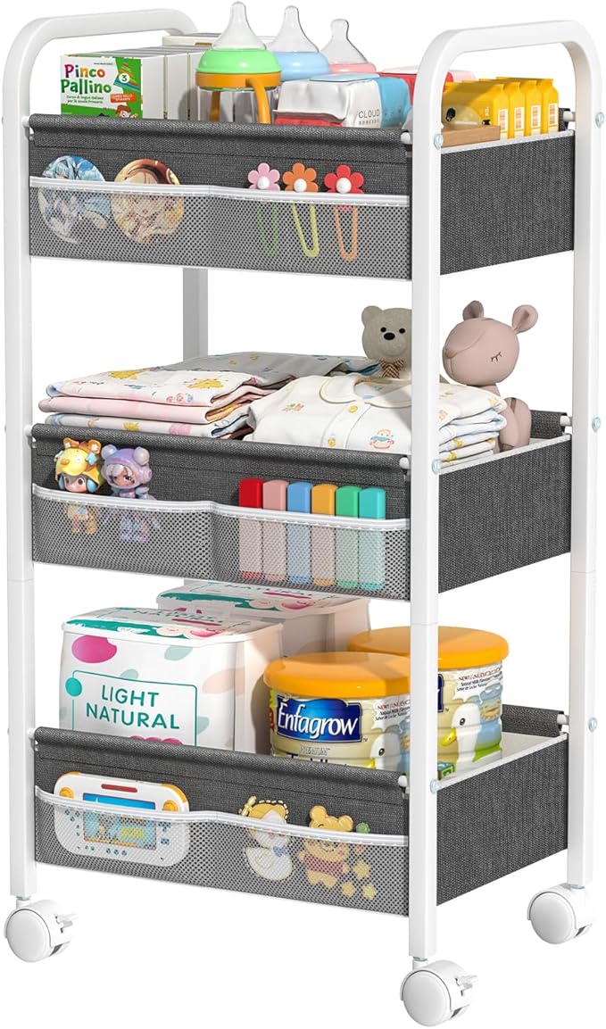 Baby Diaper Caddy Rolling Utility Cart, 3 Tier Baby Essentials Nursery Organizer and Storage with Dividers and Drawers for Crib, Bedroom, Art & Craft Organizer (White)