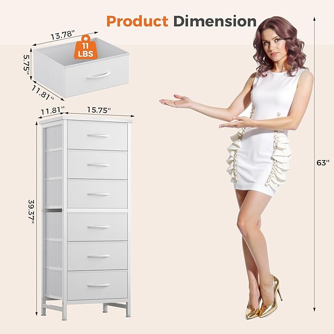 Sweetcrispy Tall Fabric Dresser for Bedroom, 6 Drawer Skinny Chest of Drawers, Narrow Storage Tower with Wood Top and Metal Frame, Vertical Nightstand for Closet, Bedroom Organization Furniture, White