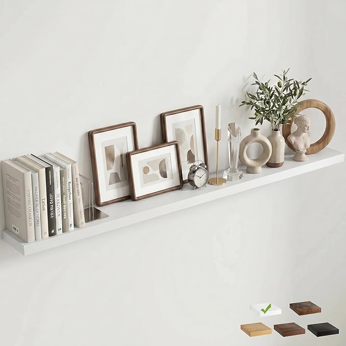 Venusmiles Floating Shelves for Wall, 72 Inch Floating Shelves Set of 1, 6.5" D Wooden Wall Mounted Display Shelves with Invisible Brackets for Living Room, Bedroom, Bathroom, Kitchen Decor, White