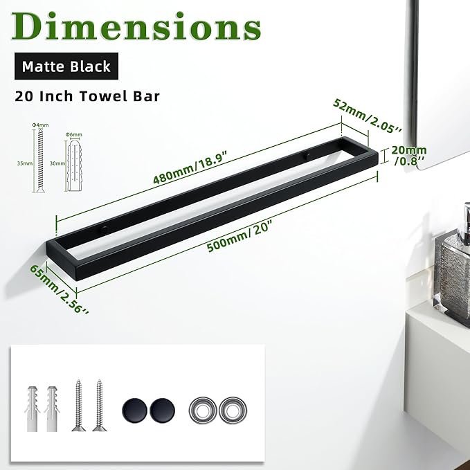 Alise 20 Inch Hand Towel Holder Towel Bar for Bathroom Wall Mount,SUS304 Stainless Steel Towel Hanger Towel Racks for Bathroom,Matte Black Towel Rail