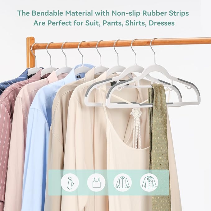 NCXTKJ 50 Pack Non-Slip Plastic Hangers with Tie Rack, Slim Space-Saving Clothes Hangers – Heavy Duty Plastic Hangers for Suit, Shirts, Pants, Dorms & Home Organization, White and Dark Gray
