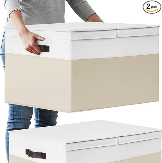2 Pack EXTRA LARGE Blanket Storage Baskets with Lids, 22”x16”x12” Closet Organizers Bins for Clothes Towel/ Toy Storage Box with Lid Handles/ Stackable Decorative Fabric Bins for Living Room, Nursery