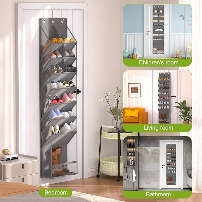 Door Shoe Organizer, Over The Door Hanging Shoe Rack with Large Pockets, Space Saving Shoe Storage for Closet, Entryway, Bedroom, Shoe Holder for Men Women Kids (Grey)