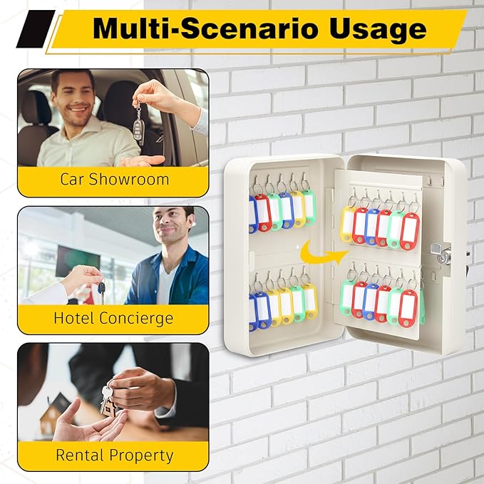 Ripeng 48-Keys Steel Key Lock Box - Wall Mount Key Cabinet with Colorful Secure Tags & Hooks Keys Organizer Storage for Home Office Hotel Rental Business Property Management, White
