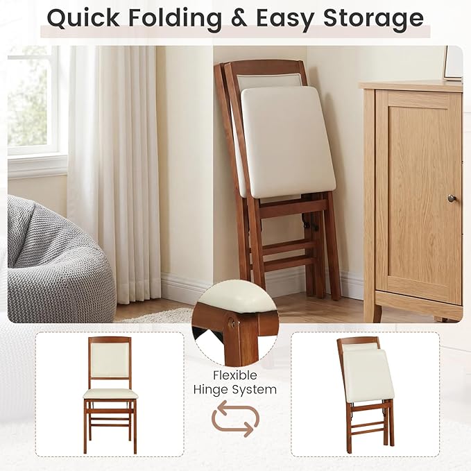 Giantex Folding Dining Chairs Set of 4, Wood Kitchen Chair w/Padded Seat, Solid Wood Frame, Max Load 400 Lbs, No Assembly, Easy to Store Foldable Wooden Dining Chairs for Apartment, Small Space