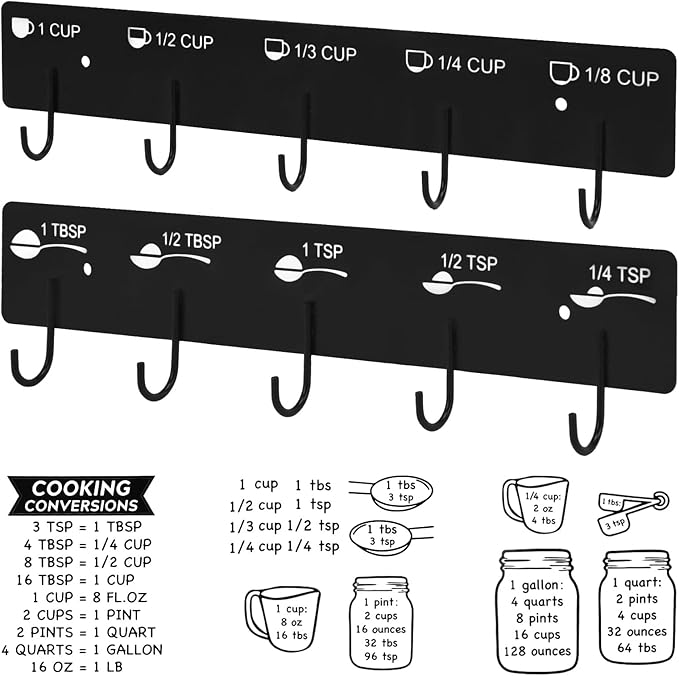 Premium Measuring Cups and Spoons Hanging Rack with stick, Measuring Cup Organizer Rack Suitable for Kitchen Hanging Cups and Spoons, Including Screw and Adhesive Mounting (Stickers+Measuring)