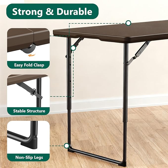 Folding Table 4FT Heavy Duty Plastic Table with Handle, Foldable&Portable, Fold-in-Half Utility Tables for Outdoor, Dining, Wedding, Events, Indoor, Picnic, Camping, Party, Brown