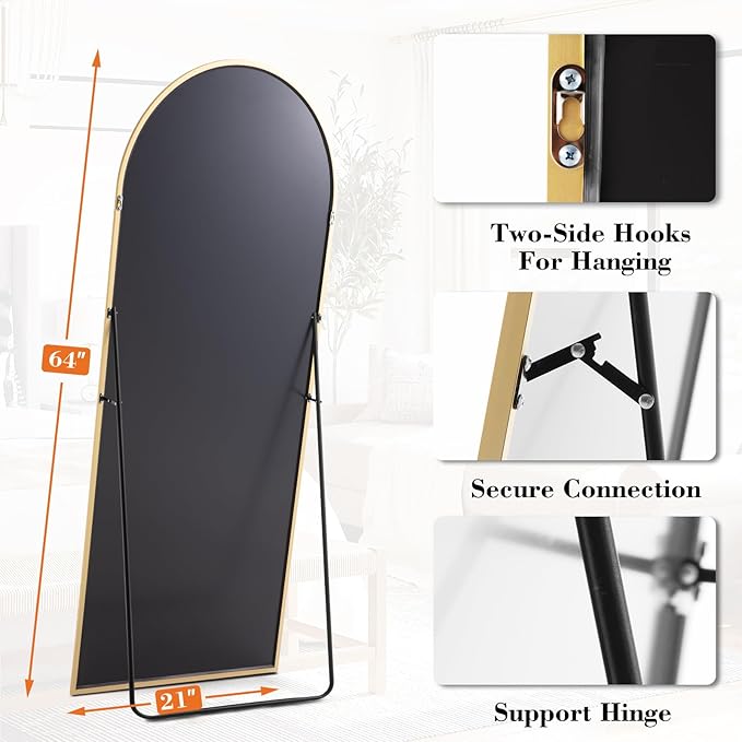 NEWBULIG 63.8"x20.8" Arched Full Length Mirror, Full Body Floor Mirror with Aluminum Alloy Thin Frame, Wall or Standing Mirror for Bedroom, Living Room, Dressing Room, Gold