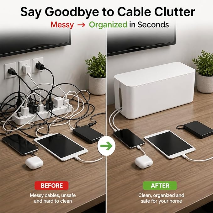 [Set of 3] 3 Cable Management Boxes + 3 Wire Ties, Large Cord Box Organizers to Hold and Hide Power Strip Charger Adapter Power Cord Charging Station USB HUB (White)
