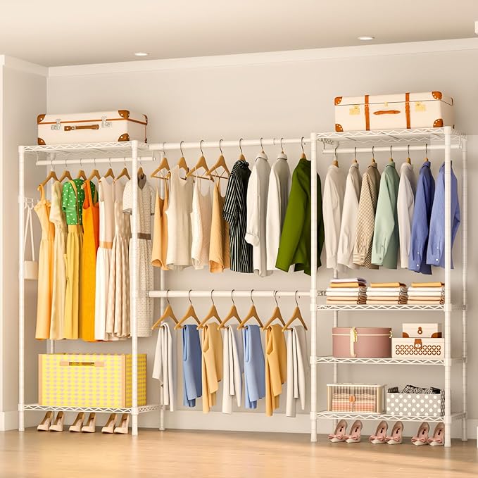 Heavy Duty Garment Rack, Portable Expandable Freestanding 4 Tiers Adjustable Wire Shelves Clothes Rack with 2 Retractable Poles, 70.9-86.6" L x 15.7" W x 76.8" H, Max Load 900LBS, White