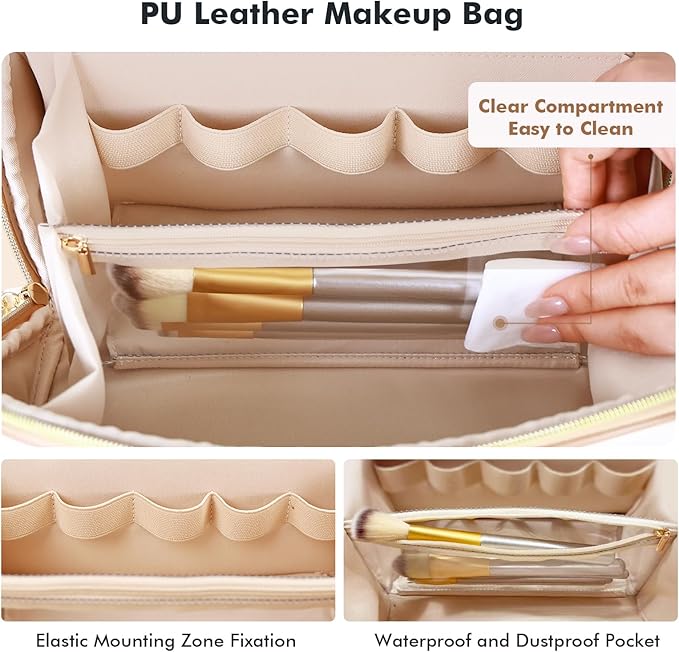 Prite Makeup Bag for Women Travel Waterproof Vegan Leather Cosmetic Bag Open Flat Toiletry Bag With Clear Divider and Handle (Beige, Large Pro)