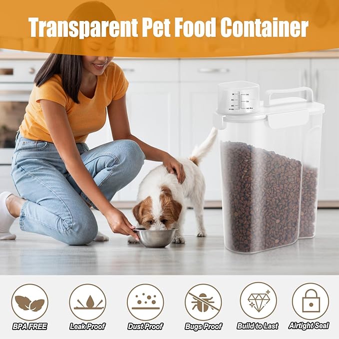Dog Cat Food Storage Container, Pet Food Container Airtight with Large Spout & Cup, BPA-Free Plastic Food Dispenser for Pet Food, Bird Seed, Rice, Flour - White 5-7 Lbs (1 pack)