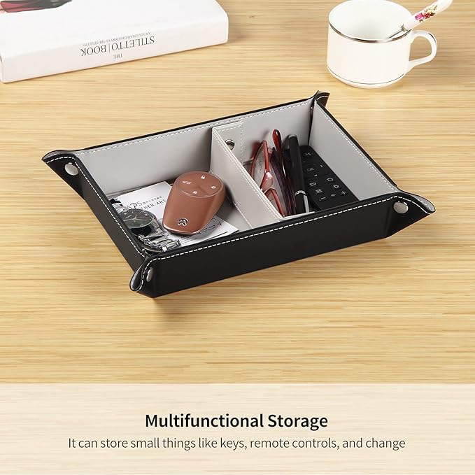 YAPISHI Key Tray Large for Men Leather Entryway Dish Bedside Catchall Bowl 2 Dividers Nightstand Organizer Caddy Travel Valet Tray for Wallet Coins Change Dice Watch Phone, Sundries Holder (Grey)
