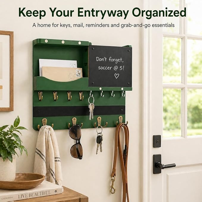 Key Holder for Wall Mount with Shelf and Mail Organizer, Key and Mail Holder with 16 Hooks, Farmhouse Entryway Organizer, Home Decor Rack (Pine Wood,Green)