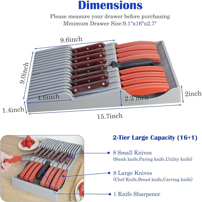 Drawer Knife Organizer, Kitchen Plastic Drawer Knife Block Holder Storage Sets for 16 Knives and 1 Sharpening Steel Extra Large Steak Chefs Knives Holder
