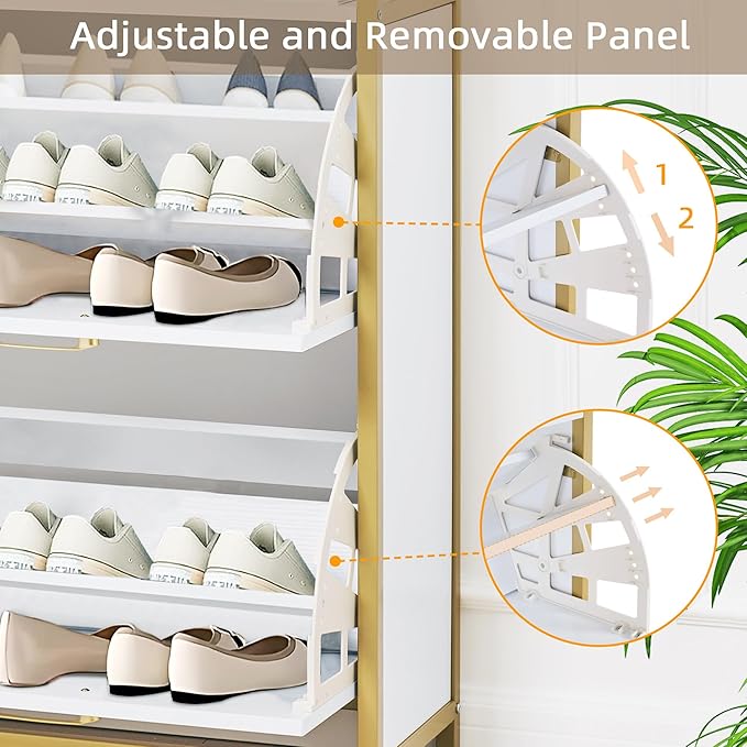 VECELO Shoe Storage Cabinet with 2 Flip Drawers for Entryway, Modern Slim Hidden Freestanding Organizer with Metal Legs for Hallway, Living Room, Large Capacity, Suit for Size to 11, White