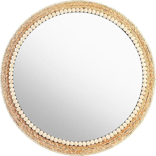 21 Inch Boho Round Hanging Wall Mirror Decorative Rattan Circle Wall Mounted Mirror for Farmhouse, Living Room, Bedroom, Bathroom