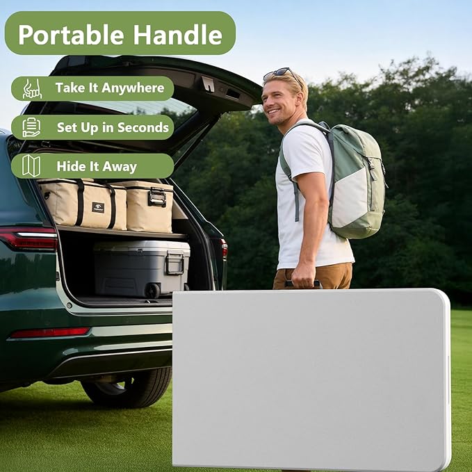 Folding Table 2 Pack, 8FT Folding Table Portable with Built-in Handle, Heavy Duty Plastic Table with Steel Legs Supports to 300lbs, Suitable for Party, Camping, Events Indoor&Outdoor Use, White