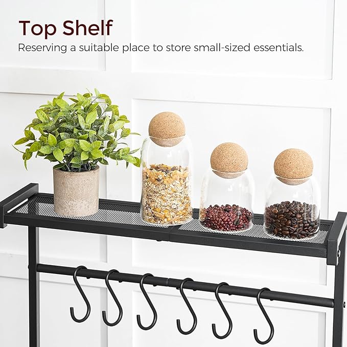 MAHANCRIS Bakers Rack with Power Outlet, Kitchen Storage Shelf with 6 Hooks, Microwave Stand with Storage, 4-Tier Coffee Bar Station, for Kitchen, Dining Room, Rustic Brown BRHR35E01