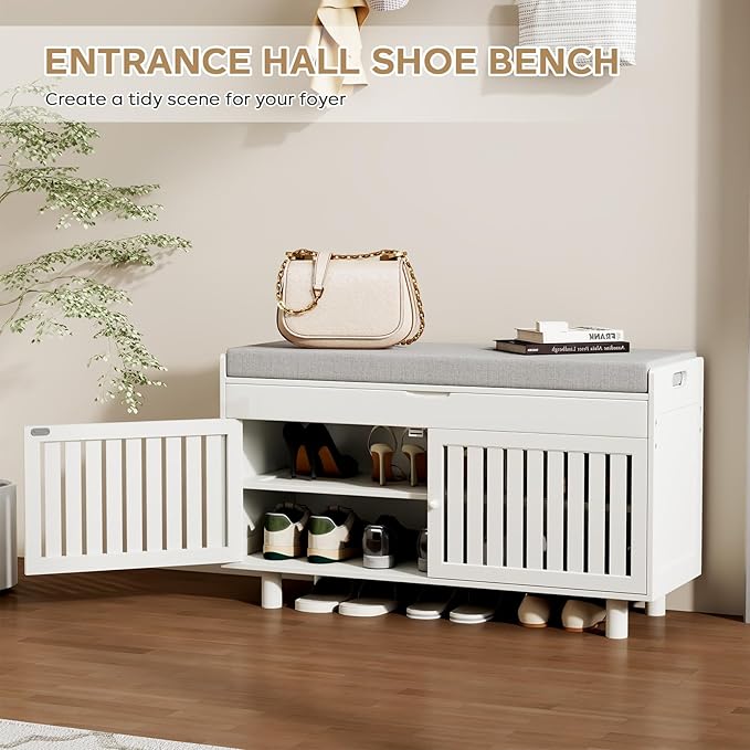 oakvivo 35.4in Shoe Bench with Storage, Bamboo Entryway Bench with Lift Top Hidden Storage & Padded Seat, 2 Doors 2-Tier Narrow Shoe Rack Cabinet Organizer for Hallway Mudroom Bedroom, White