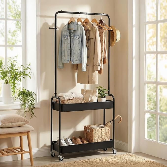 LDAILY Small Rolling Clothes Rack, Heavy Duty Clothing Rack with 2 Baskets, 4 Wheels for Hanging Clothes & Storage, Multi-Purpose Portable Closet for Bedroom, Living Room, Laundry, Small Space (Black)