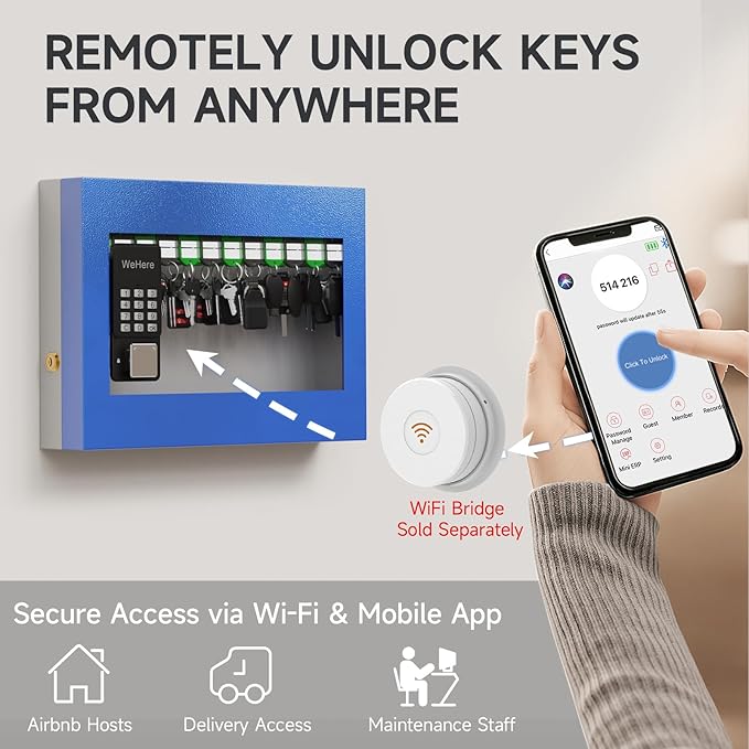 WeHere 24 Key Lock Box Wall Mount, Securty Key Cabinet with Key Tags, Key Organizer Box for Business, Home, Office, Hote, Garage, APP Bluetooth/OTP/Fixed Code/Key/Wi-Fi Unlock, Tempered Glass Door