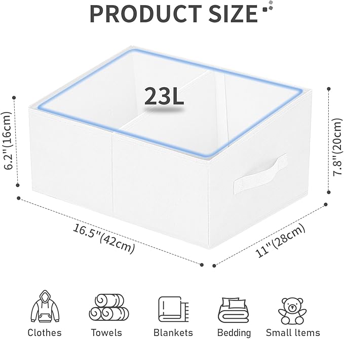DIMJ Large Closet Shelf Organizer Bins 8 Packs with Handles and Divider, Fabric Trapezoid Storage Baskets, Foldable Clothes Containers Box for Shelf, Towel, Book, Toy, Purse, Hats, White